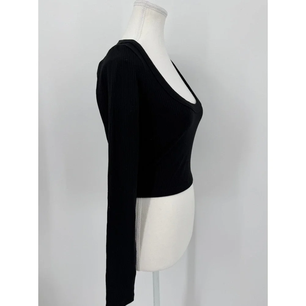 Reformation Black Ribbed Long Sleeve Scoop Neck Cropped Top Size S Small USA